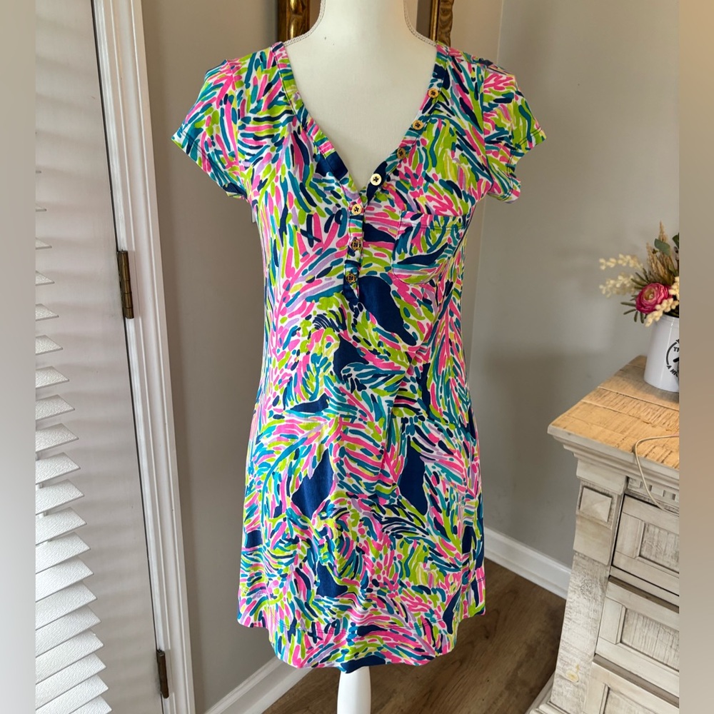 Lilly Pulitzer Palmira Dress Indigo Palm Reader size small EUC 100% Pima cotton